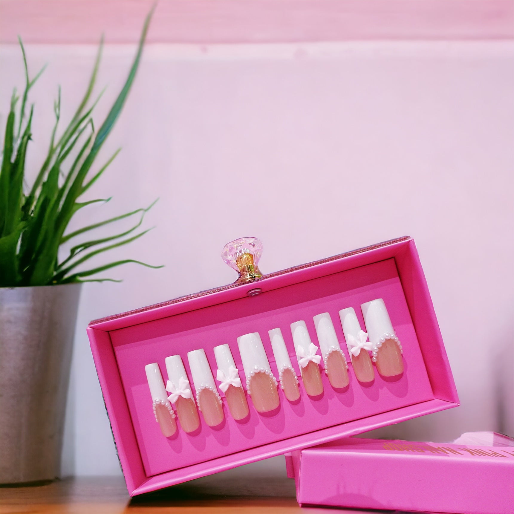 Classics white bow long coffin set - Nails kim