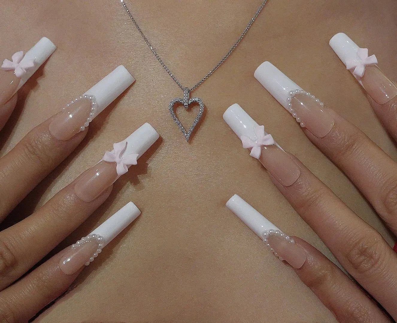 Classics white bow long coffin set - Nails kim