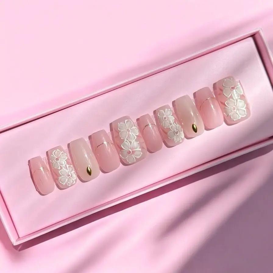 white flower long set - Nails kim