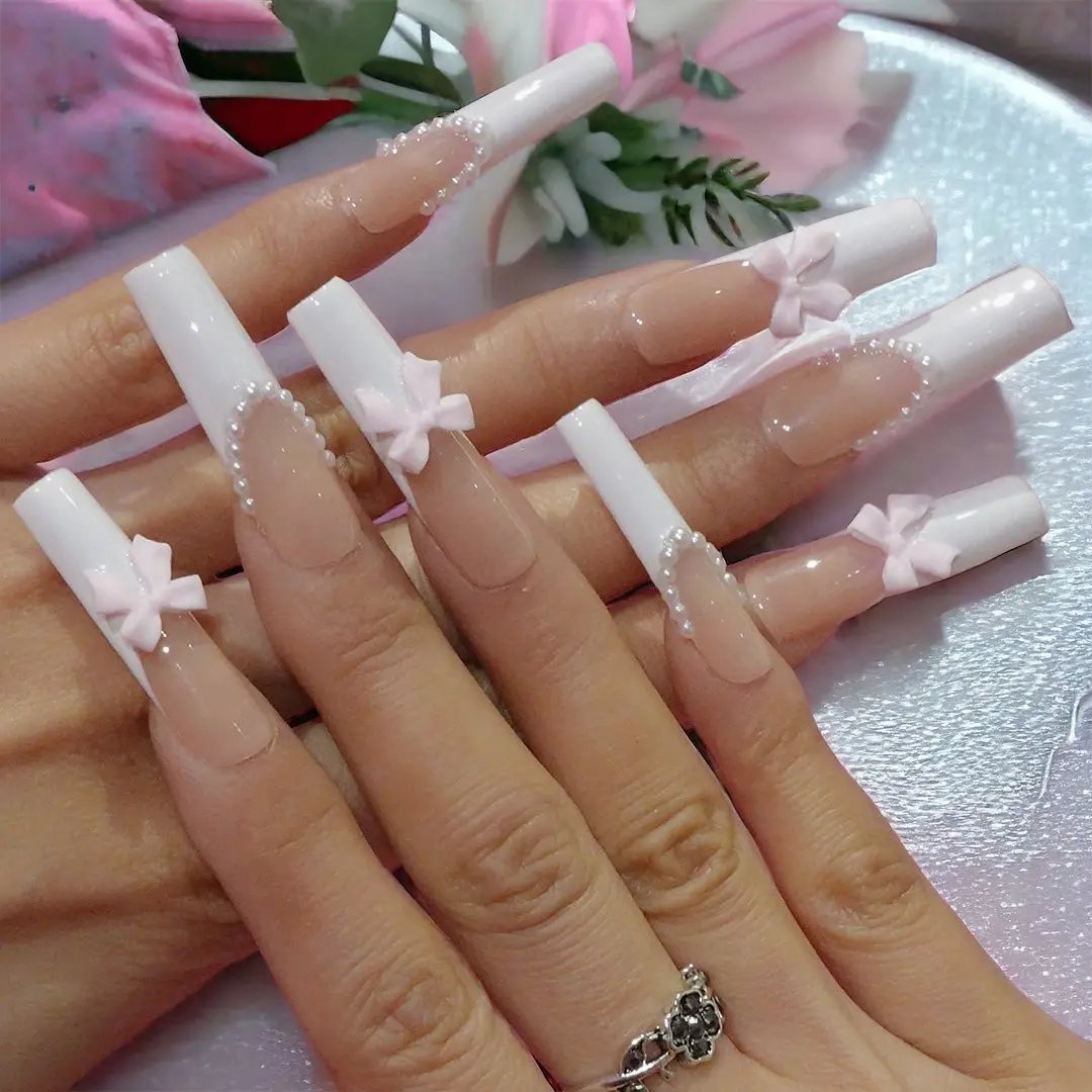 Classics white bow long coffin set - Nails kim