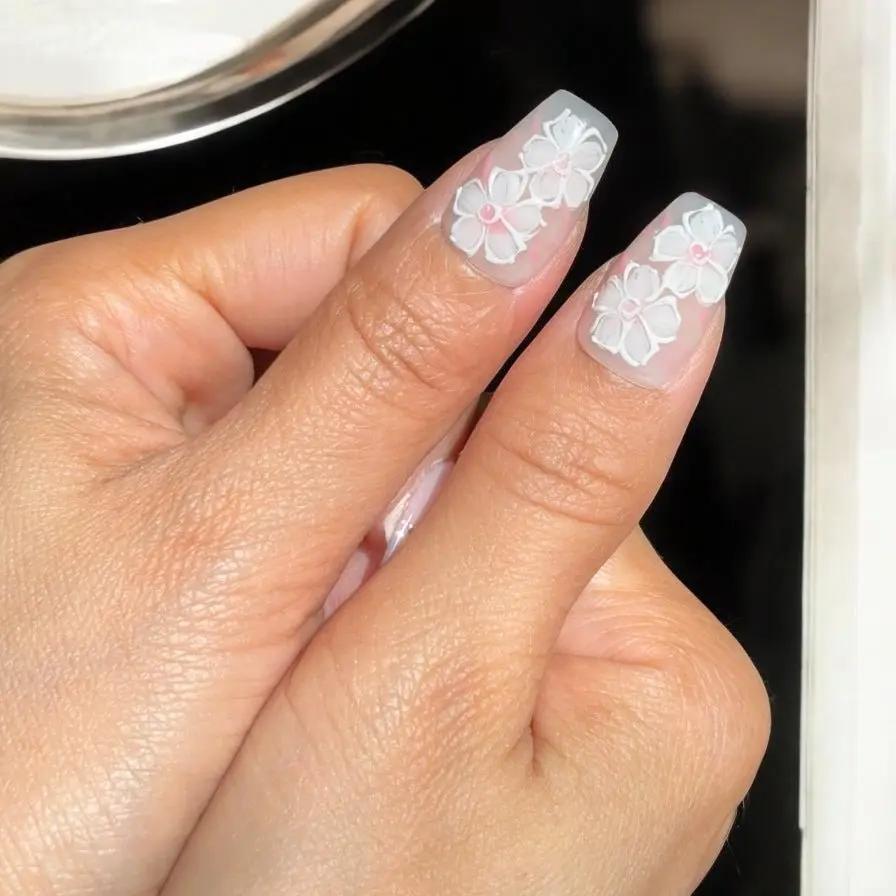 white flower long set - Nails kim