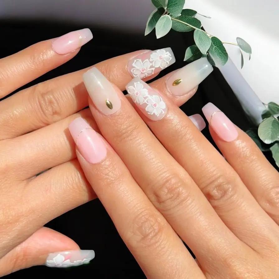 white flower long set - Nails kim